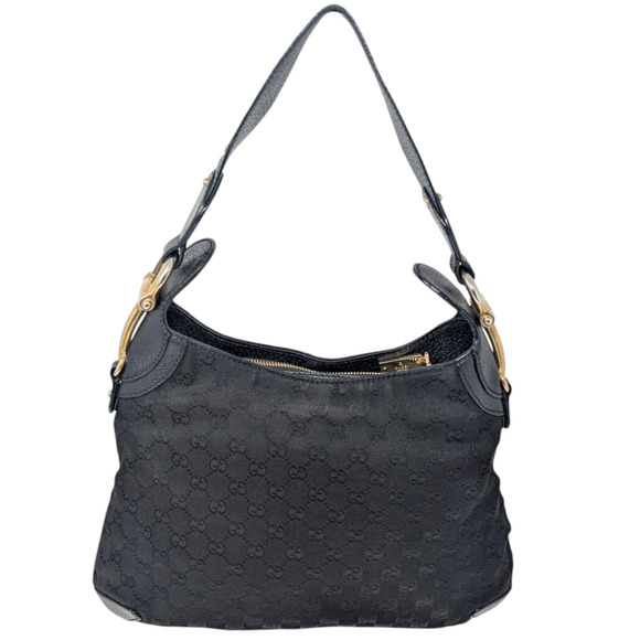 Gucci Creole Hobo Bag Black GG Monogram Canvas Leather Trim Gold Shoulder Tote - Picture 1 of 12